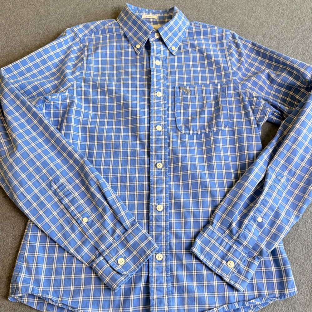 Abercrombie & Fitch Mens Muscle Fit Plaid Button Down Shirt Blue White Medium